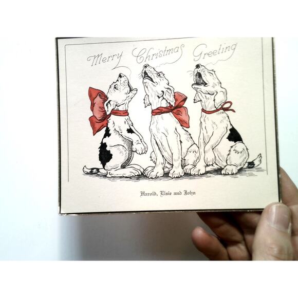 Vintage Christmas Greeting Card Dogs with Red Bows Harold Elsie John Early Puppy - Picture 2 of 3